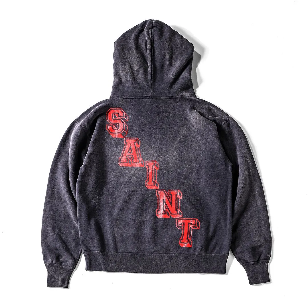 SAINT Mxxxxxx ANGEL HOODIE/BLK Angel Rebirth Crack Printed Retro Distressed Hoodie Assute dyeing, full-length spray-on fade, heavy fermentation wash, NEW VINTAGE texture, factory four-needle and six-thread workmanship, boneless patchwork, more comfortable to wear, genuine level crack print/accessories restored